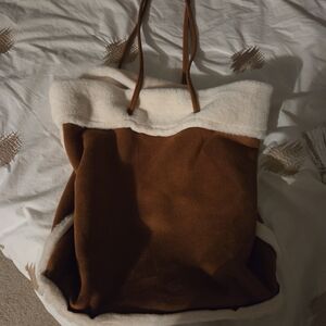 Camel Faux Leather And Fur Trim Bag